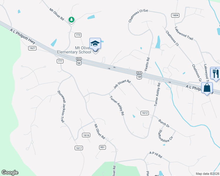 map of restaurants, bars, coffee shops, grocery stores, and more near 213-319 Jeb Stuart Road in Martinsville