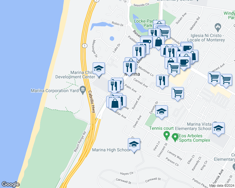 map of restaurants, bars, coffee shops, grocery stores, and more near 3056 Del Monte Boulevard in Marina
