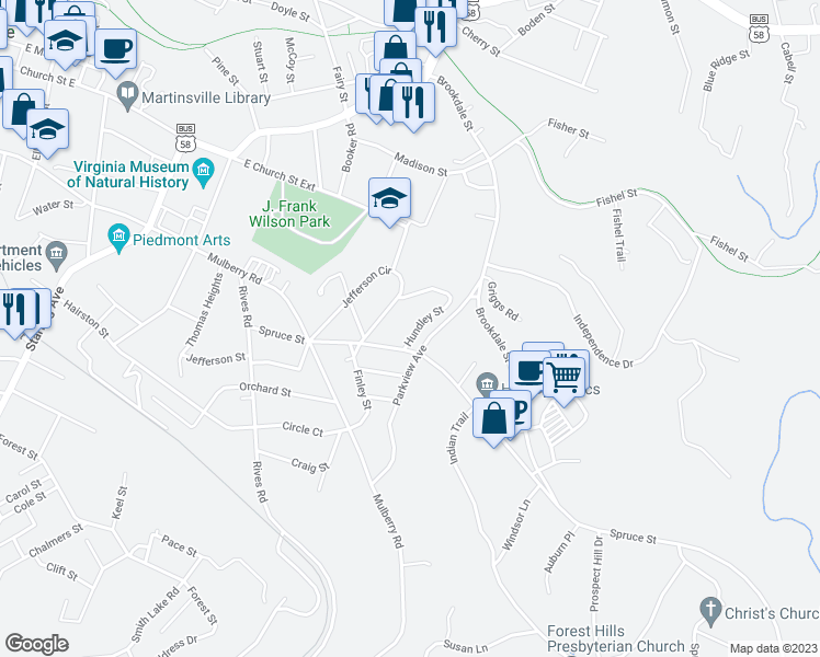 map of restaurants, bars, coffee shops, grocery stores, and more near 805 Hundley Street in Martinsville