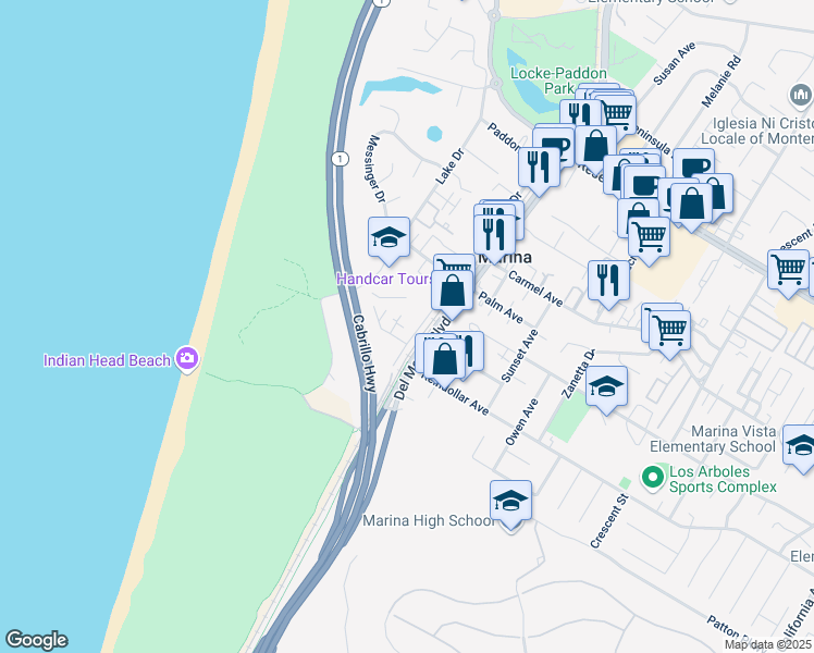 map of restaurants, bars, coffee shops, grocery stores, and more near 3061 Marina Drive in Marina