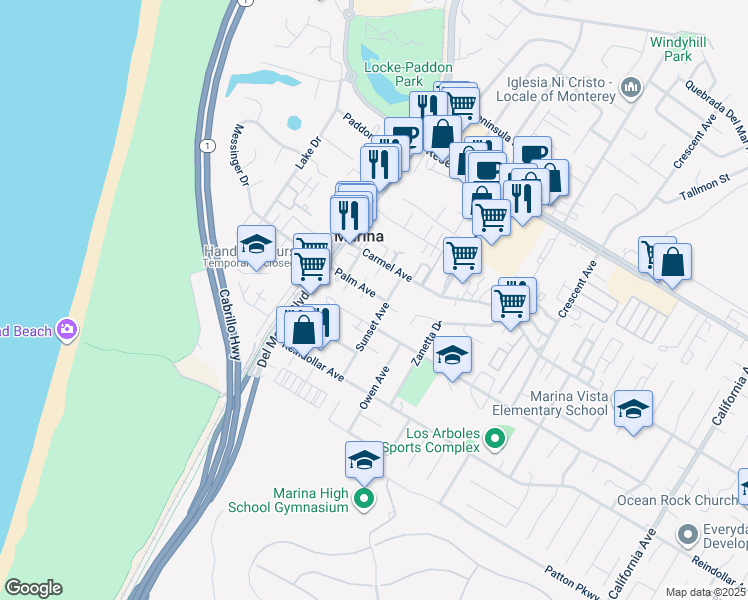 map of restaurants, bars, coffee shops, grocery stores, and more near 224 Palm Avenue in Marina