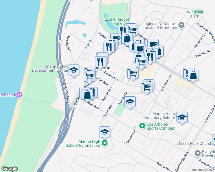 map of restaurants, bars, coffee shops, grocery stores, and more near 224 Palm Avenue in Marina