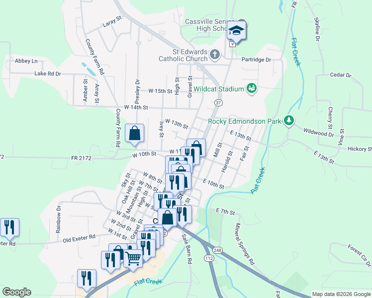 map of restaurants, bars, coffee shops, grocery stores, and more near 101-109 W 12th St in Cassville