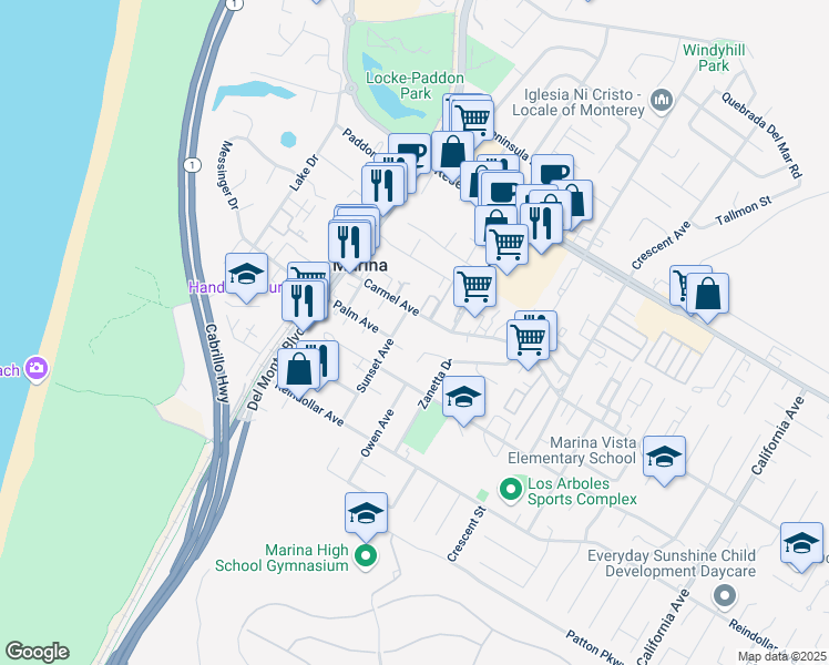 map of restaurants, bars, coffee shops, grocery stores, and more near 3082 Sunset Avenue in Marina