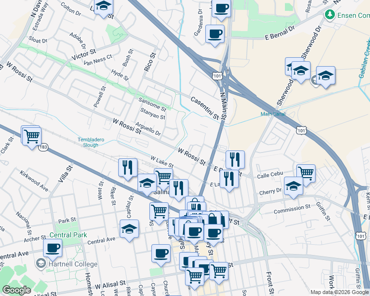 map of restaurants, bars, coffee shops, grocery stores, and more near 110 West Rossi Street in Salinas
