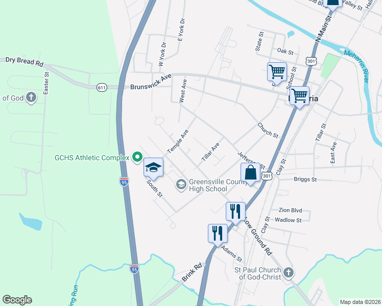map of restaurants, bars, coffee shops, grocery stores, and more near 401-499 Watkins Street in Emporia