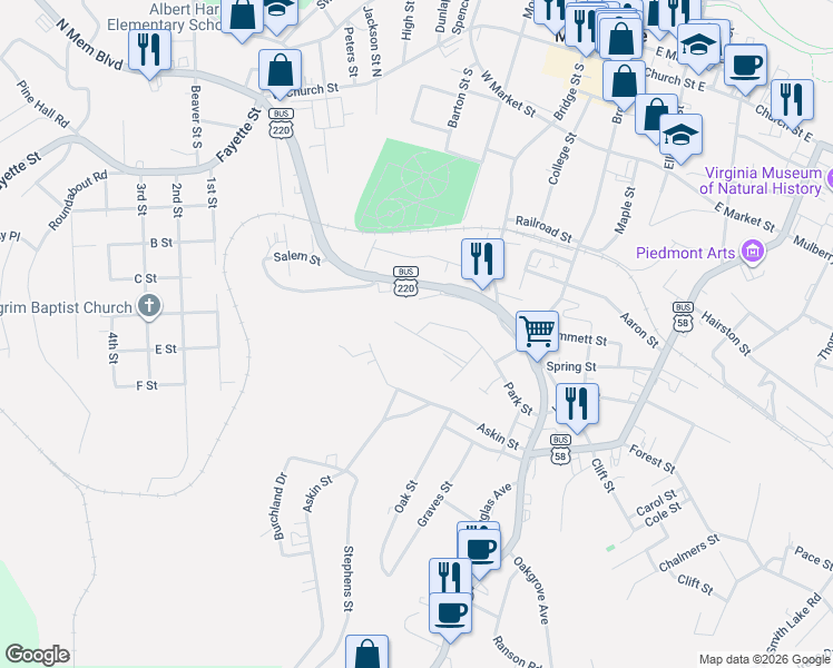 map of restaurants, bars, coffee shops, grocery stores, and more near 299 Park St in Martinsville