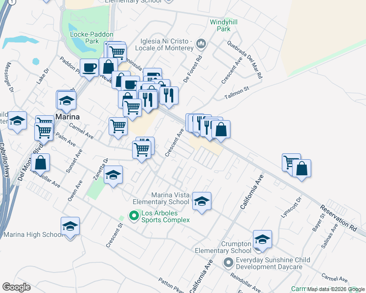 map of restaurants, bars, coffee shops, grocery stores, and more near 3128 Crescent Avenue in Marina
