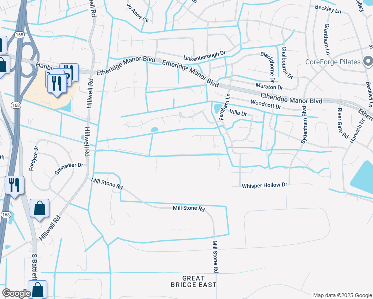 map of restaurants, bars, coffee shops, grocery stores, and more near 544 Forest Road in Chesapeake