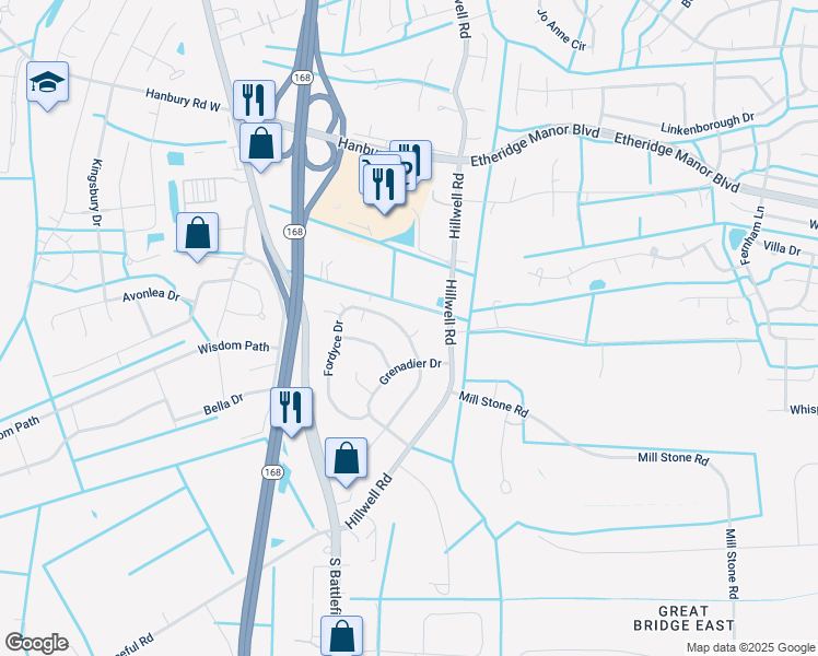 map of restaurants, bars, coffee shops, grocery stores, and more near 1208 Fordyce Drive in Chesapeake