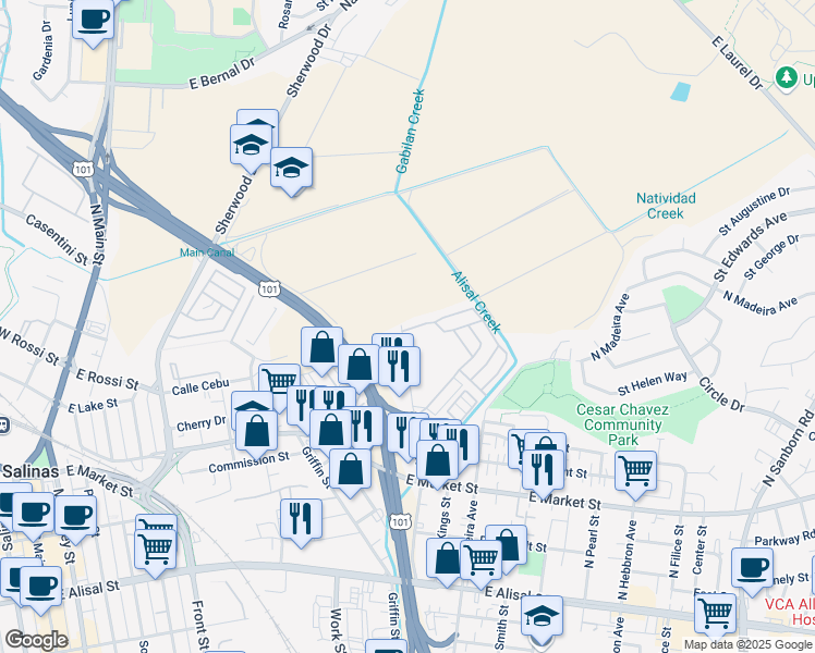 map of restaurants, bars, coffee shops, grocery stores, and more near 57 Kern Street in Salinas