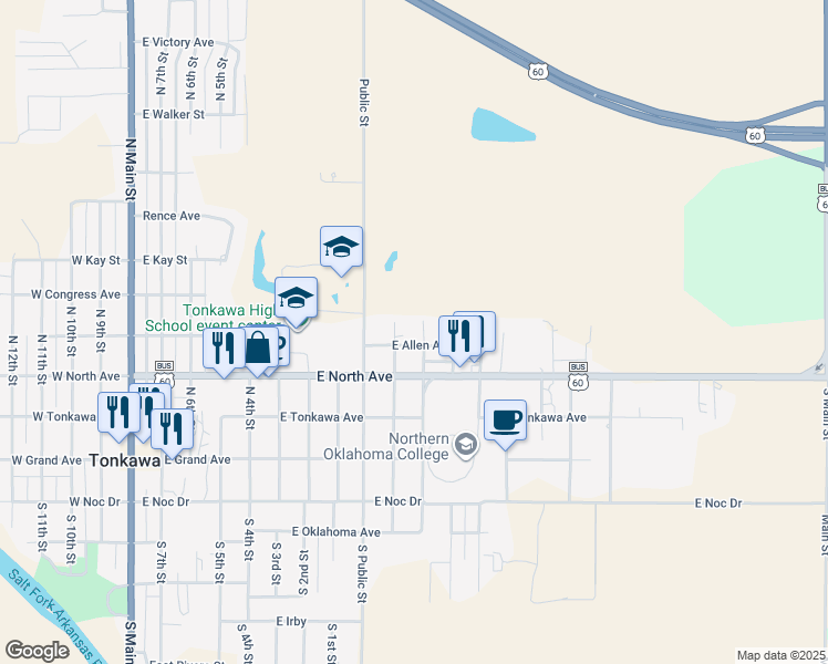 map of restaurants, bars, coffee shops, grocery stores, and more near 401 North Jenkins Street in Tonkawa