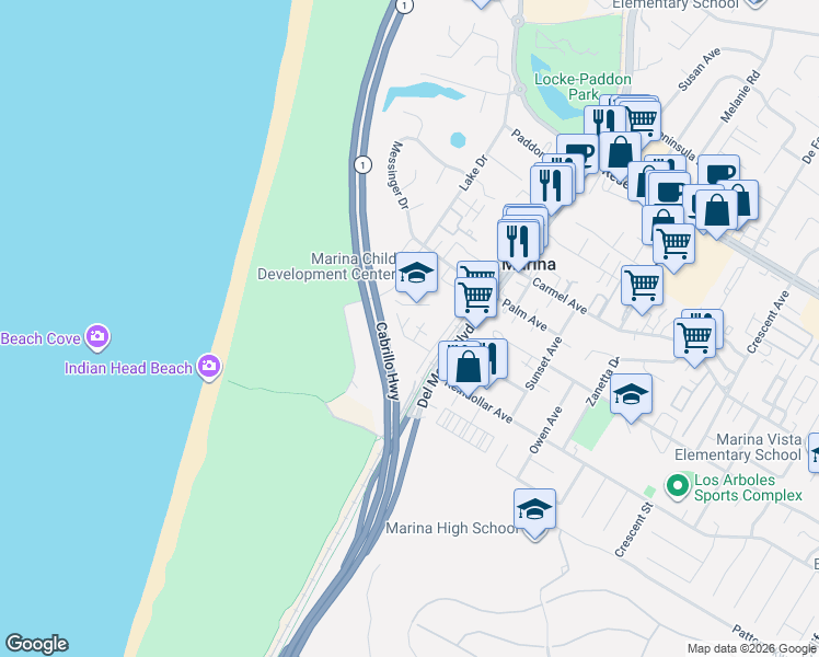 map of restaurants, bars, coffee shops, grocery stores, and more near 175 San Pablo Court in Marina
