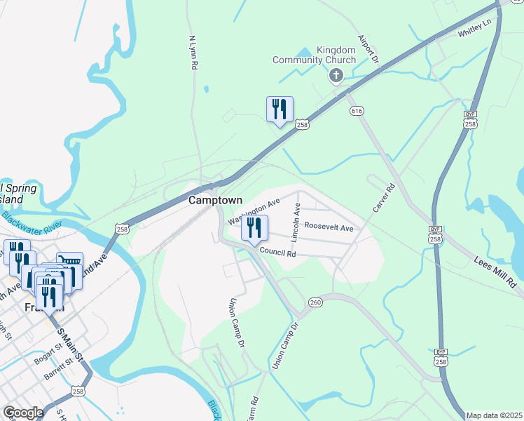 map of restaurants, bars, coffee shops, grocery stores, and more near 318 Washington Avenue in Franklin