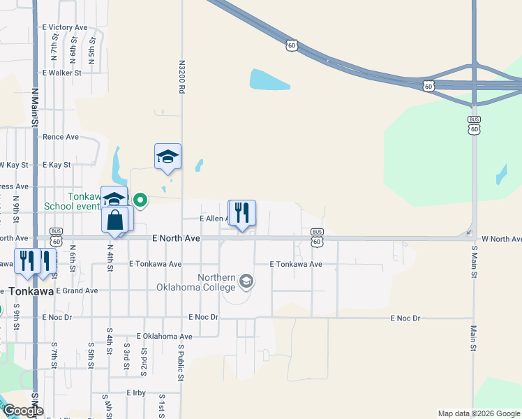 map of restaurants, bars, coffee shops, grocery stores, and more near 404 North Pine Street in Tonkawa