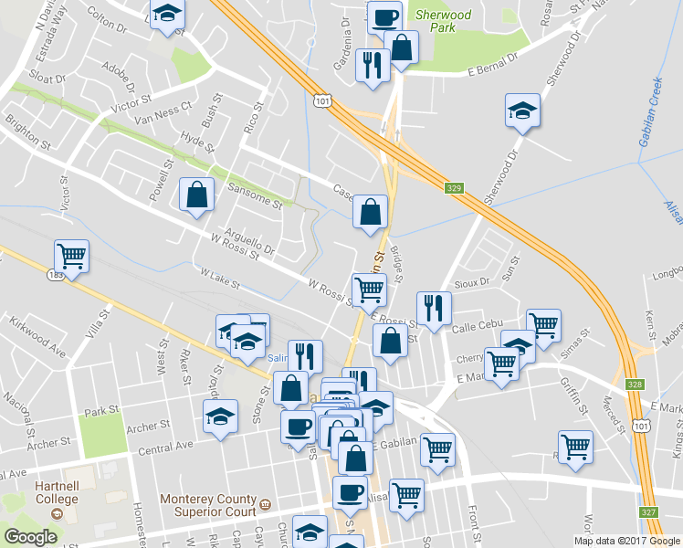map of restaurants, bars, coffee shops, grocery stores, and more near 20 West Menke Street in Salinas
