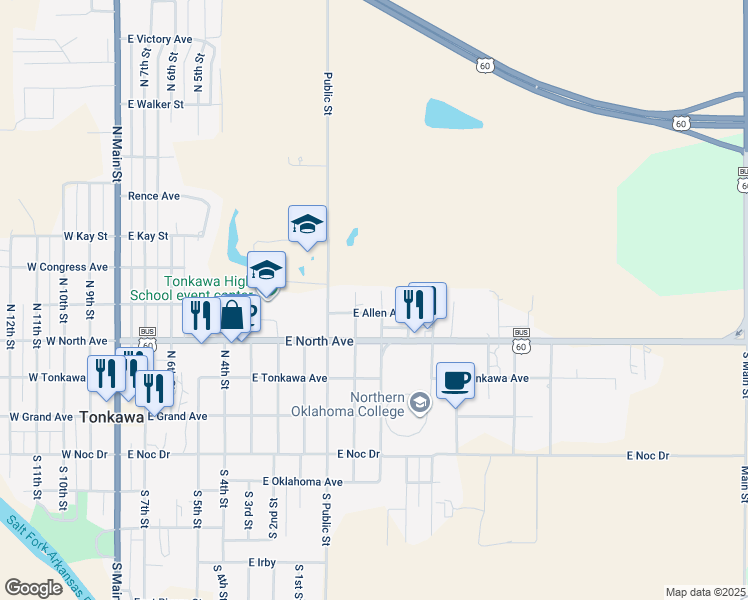 map of restaurants, bars, coffee shops, grocery stores, and more near 401-403 North Jenkins Street in Tonkawa