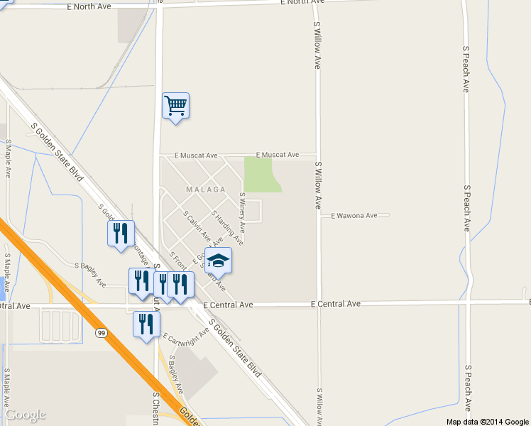 map of restaurants, bars, coffee shops, grocery stores, and more near 3668 South Paula Avenue in Fresno