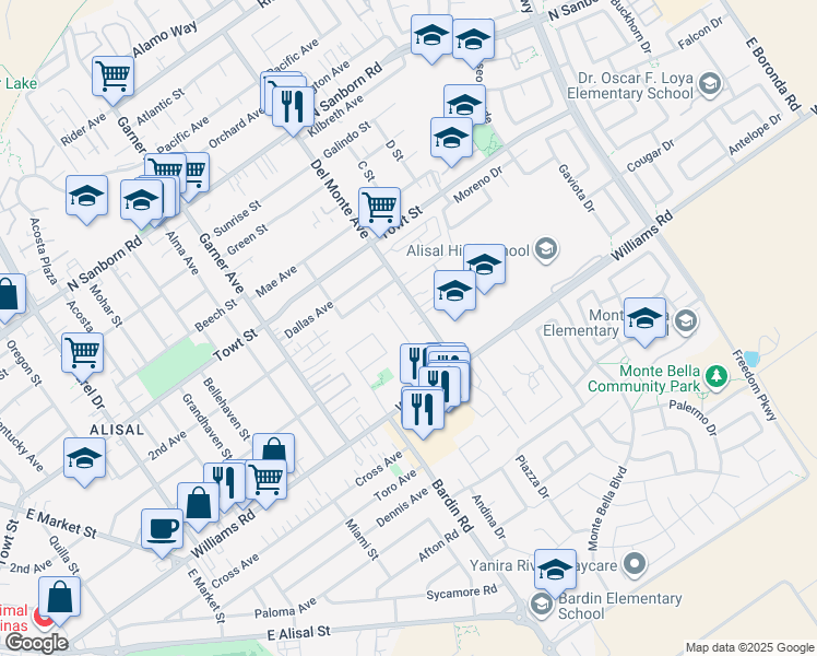 map of restaurants, bars, coffee shops, grocery stores, and more near 1339 Wiren Street in Salinas