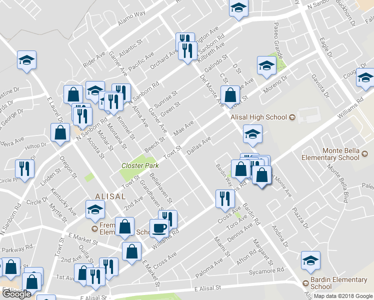 map of restaurants, bars, coffee shops, grocery stores, and more near 507 Dallas Avenue in Salinas