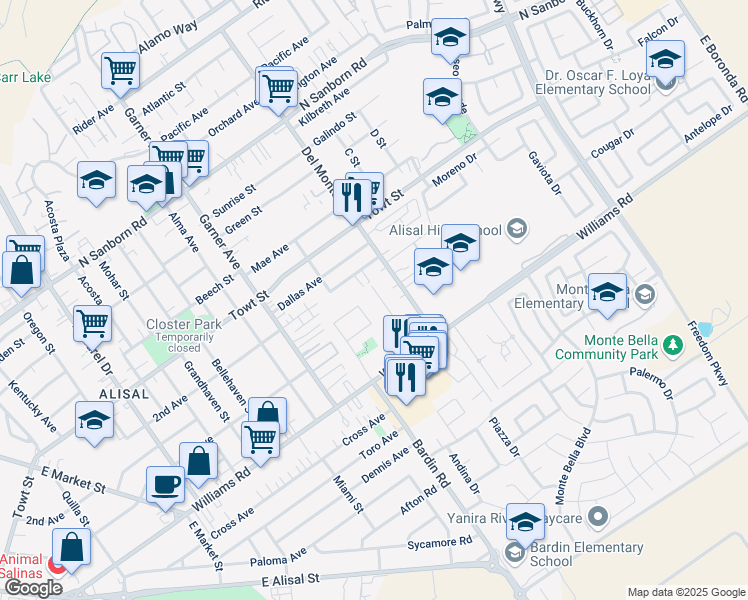 map of restaurants, bars, coffee shops, grocery stores, and more near 1339 Wiren Street in Salinas