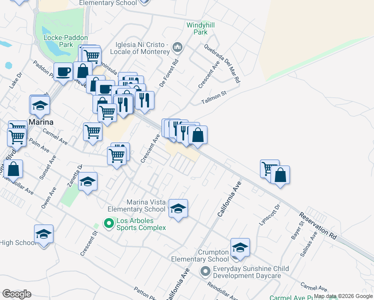 map of restaurants, bars, coffee shops, grocery stores, and more near 342 Reservation Road in Marina