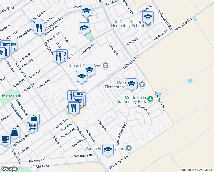 map of restaurants, bars, coffee shops, grocery stores, and more near 1525 Verona Court in Salinas