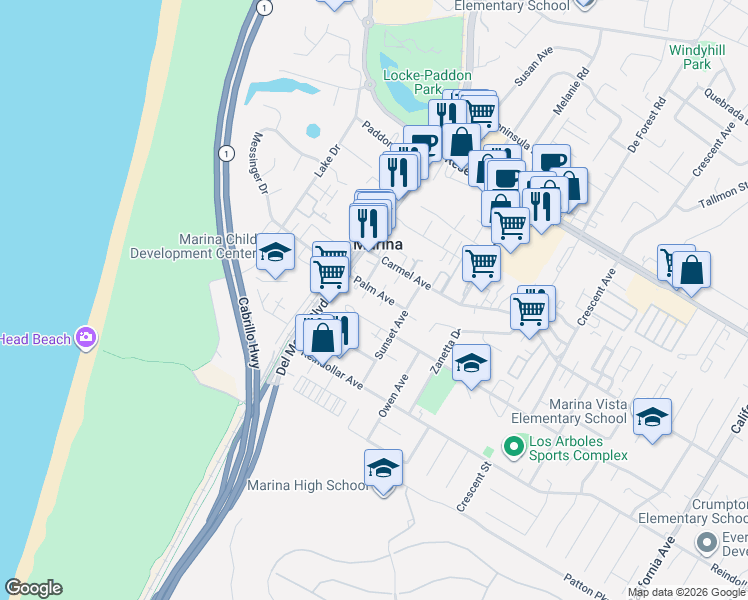 map of restaurants, bars, coffee shops, grocery stores, and more near in Marina