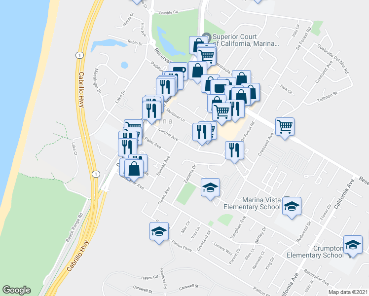 map of restaurants, bars, coffee shops, grocery stores, and more near 3082 Sunset Avenue in Marina