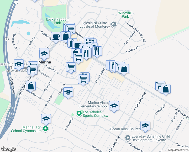 map of restaurants, bars, coffee shops, grocery stores, and more near 3127 Crescent Avenue in Marina