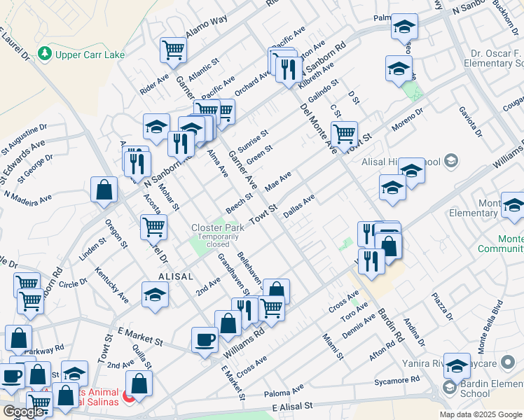 map of restaurants, bars, coffee shops, grocery stores, and more near 457 Towt Street in Salinas