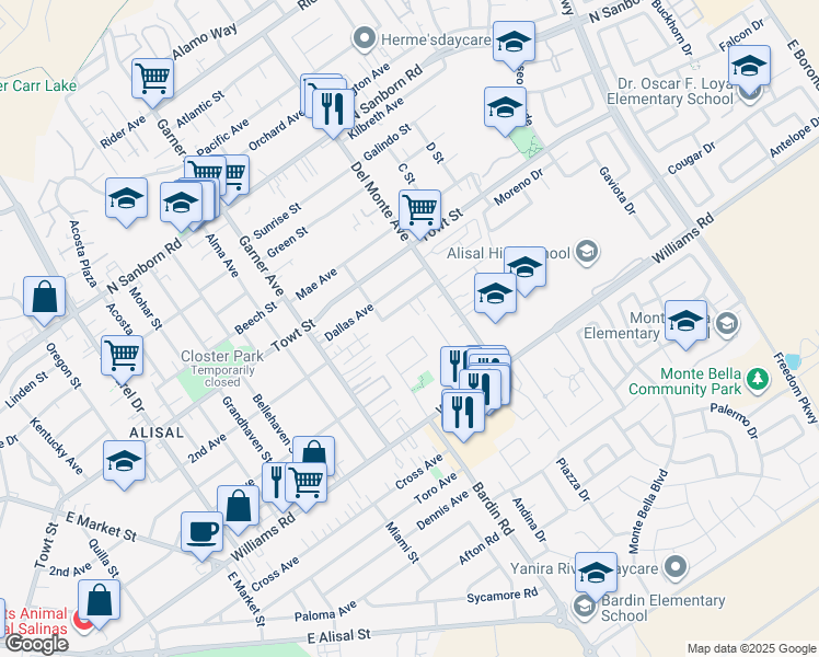 map of restaurants, bars, coffee shops, grocery stores, and more near 11 Bardin Circle in Salinas