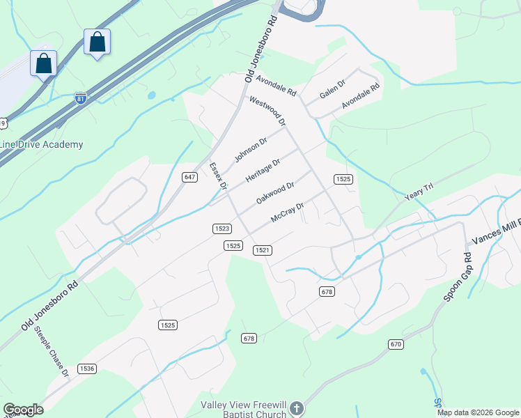 map of restaurants, bars, coffee shops, grocery stores, and more near 19514 Oakwood Drive in Abingdon