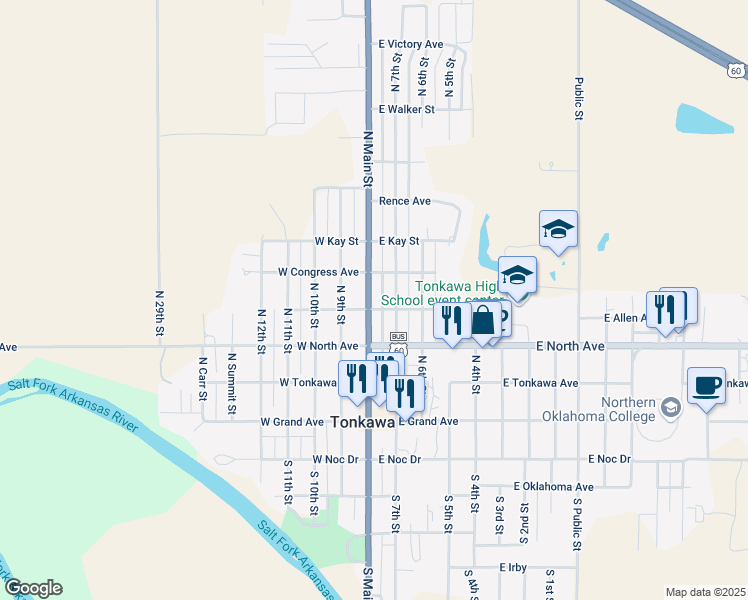 map of restaurants, bars, coffee shops, grocery stores, and more near 402 North Main Street in Tonkawa