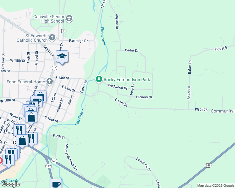 map of restaurants, bars, coffee shops, grocery stores, and more near 1300 Walnut Drive in Cassville