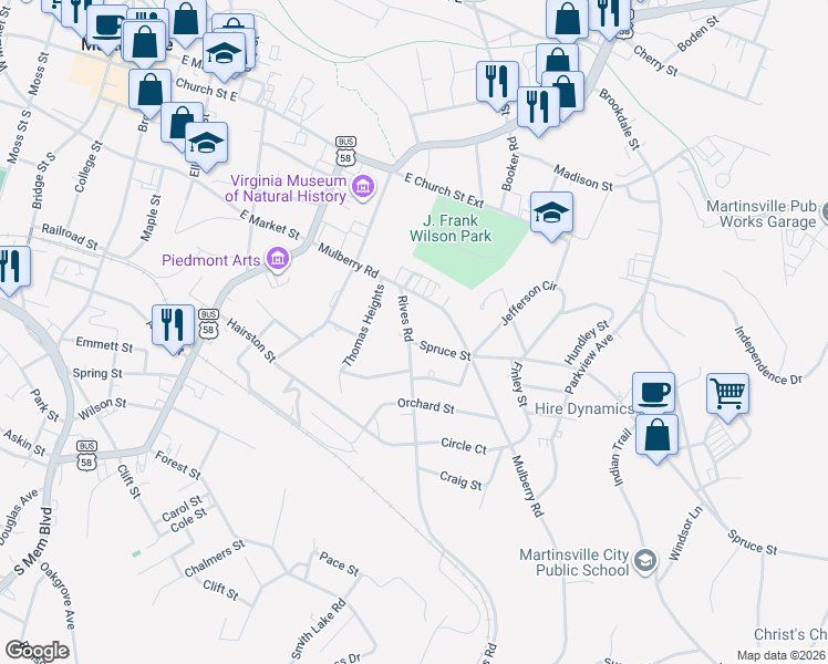 map of restaurants, bars, coffee shops, grocery stores, and more near 219 Rives Road in Martinsville