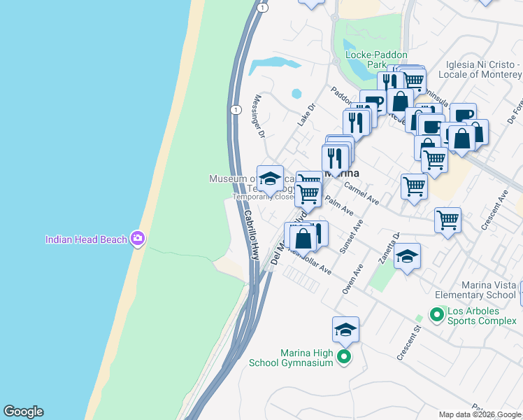 map of restaurants, bars, coffee shops, grocery stores, and more near 175 San Pablo Court in Marina