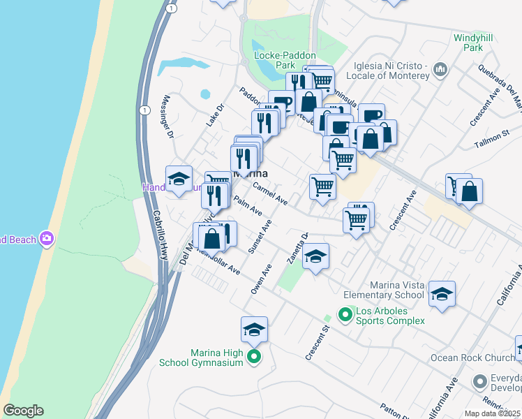 map of restaurants, bars, coffee shops, grocery stores, and more near 223 Palm Avenue in Marina