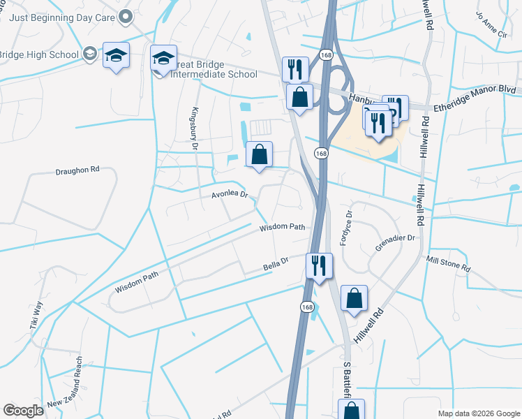 map of restaurants, bars, coffee shops, grocery stores, and more near 168 Kegman Road West in Chesapeake