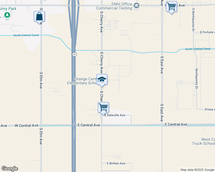 map of restaurants, bars, coffee shops, grocery stores, and more near 3530 South Cherry Avenue in Fresno