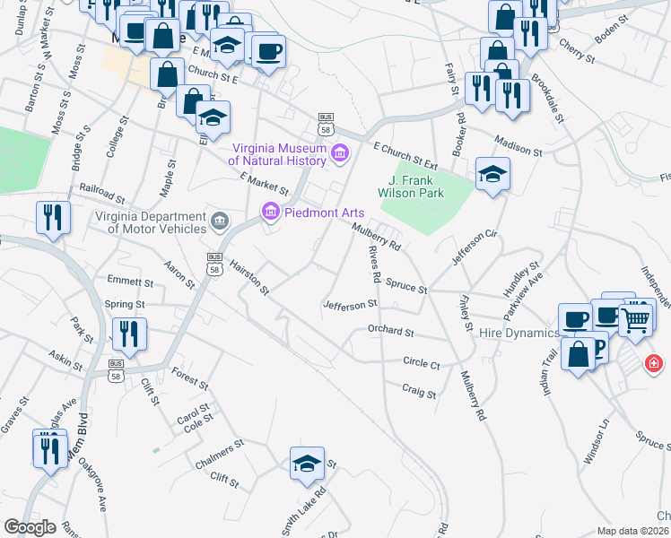 map of restaurants, bars, coffee shops, grocery stores, and more near in Martinsville