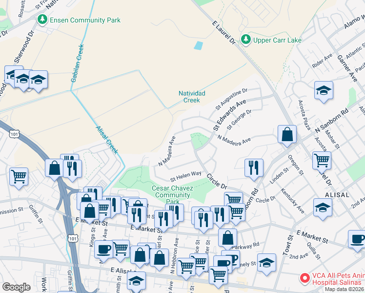 map of restaurants, bars, coffee shops, grocery stores, and more near 724 Circle Drive in Salinas