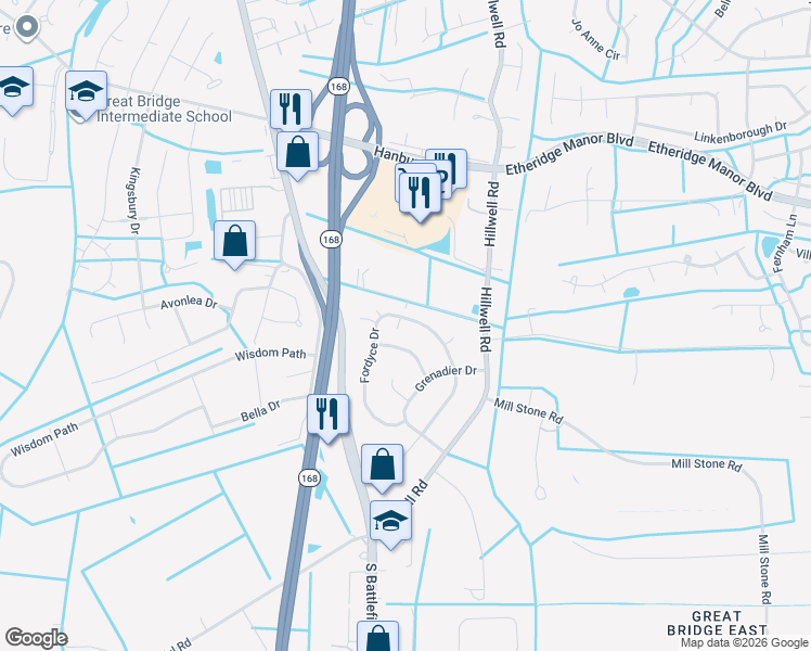 map of restaurants, bars, coffee shops, grocery stores, and more near 1225 Fordyce Drive in Chesapeake