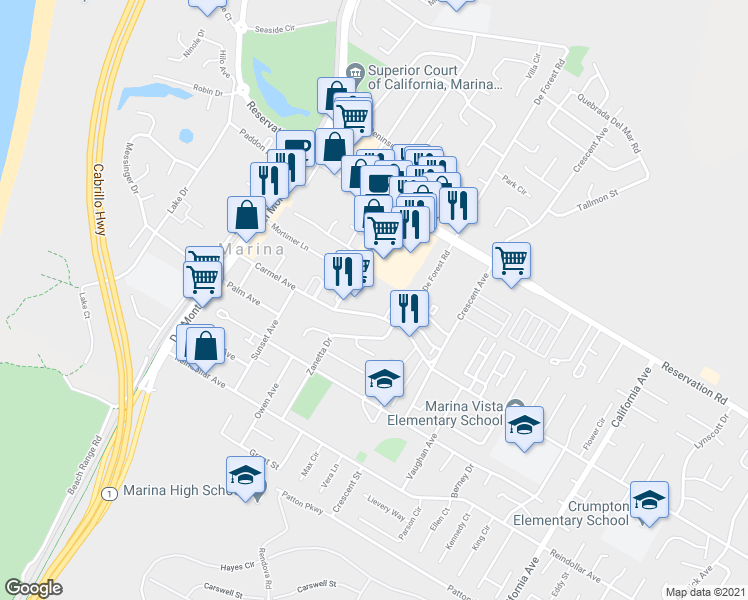 map of restaurants, bars, coffee shops, grocery stores, and more near 273 Carmel Avenue in Marina