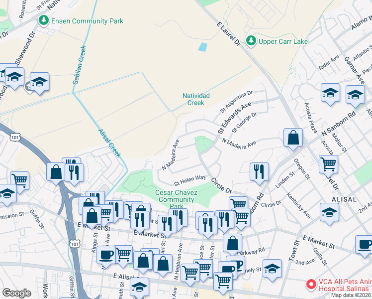 map of restaurants, bars, coffee shops, grocery stores, and more near 724 Circle Drive in Salinas