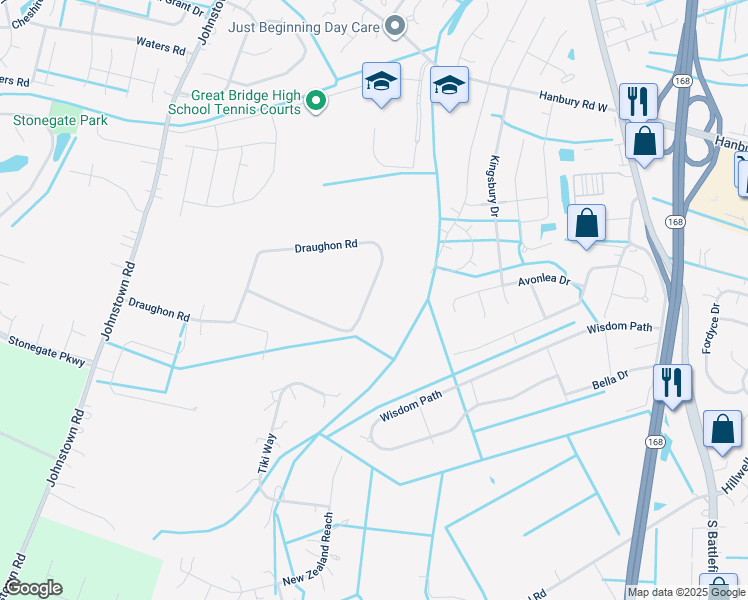 map of restaurants, bars, coffee shops, grocery stores, and more near 624 Draughon Road in Chesapeake