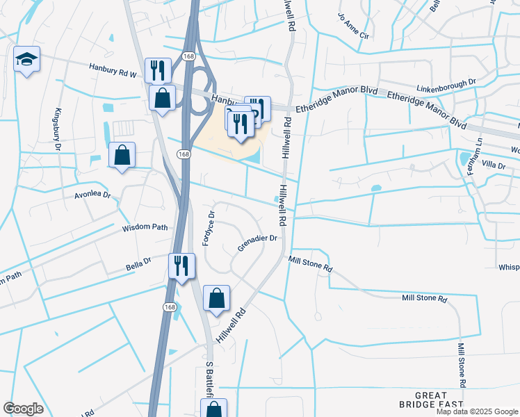 map of restaurants, bars, coffee shops, grocery stores, and more near 1208 Fordyce Drive in Chesapeake