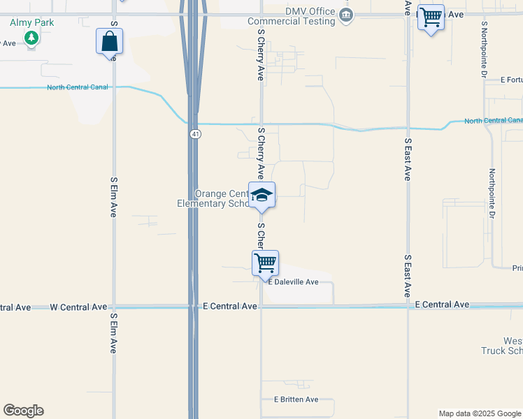 map of restaurants, bars, coffee shops, grocery stores, and more near 3530 South Cherry Avenue in Fresno