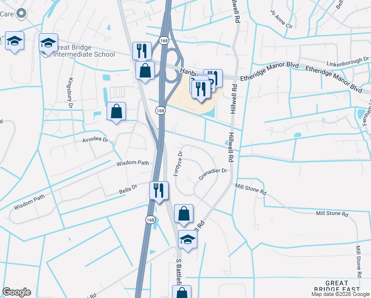 map of restaurants, bars, coffee shops, grocery stores, and more near 1225 Fordyce Drive in Chesapeake