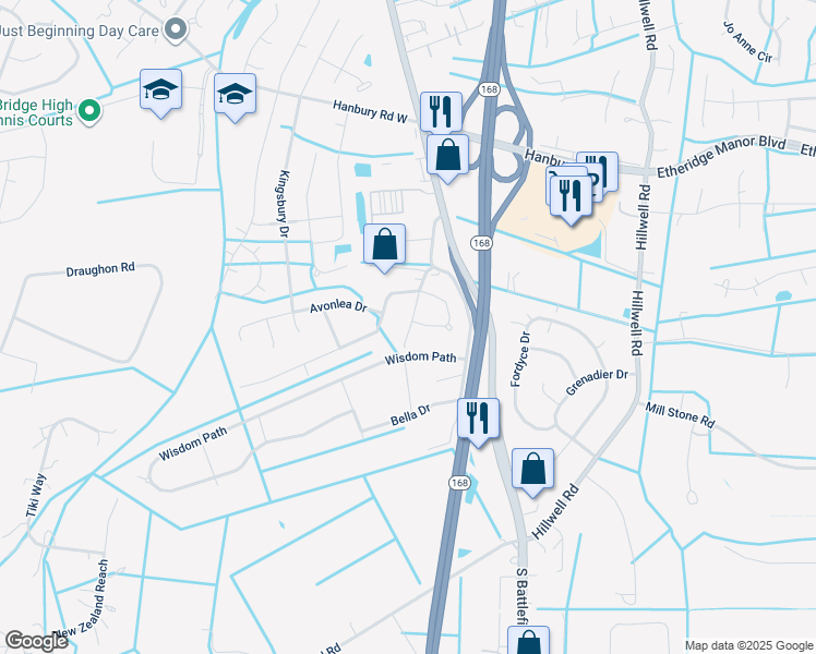 map of restaurants, bars, coffee shops, grocery stores, and more near 168 Kegman Road West in Chesapeake